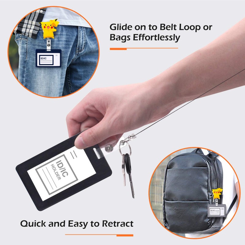 Finex 5 Pcs Set Poke Monster Cartoon Anime Badge ID Clip Reel Retractable Holder Office Work Nurse Name Badge Tag Clip On Card Holders Cute - 30 inch Cord Extension - Image 4